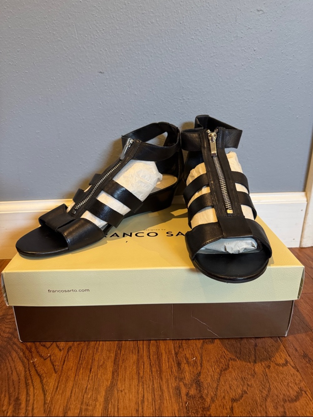Franco Sarto Black Strappy Zip-Front Wedge Sandals